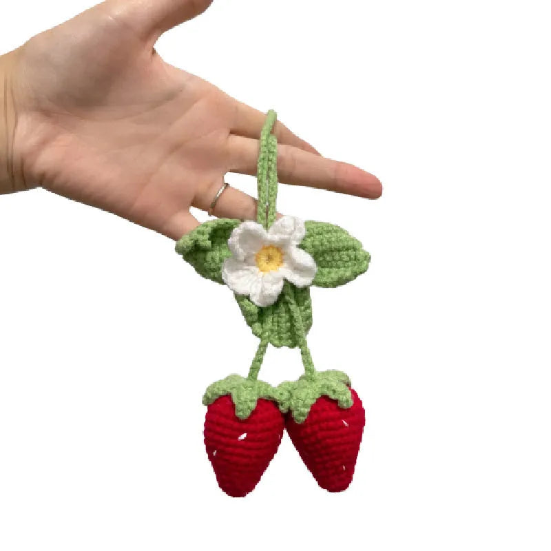 Handmade strawberry-shaped car decoration pendant woven from cotton and hemp materials using hook knitting techniques