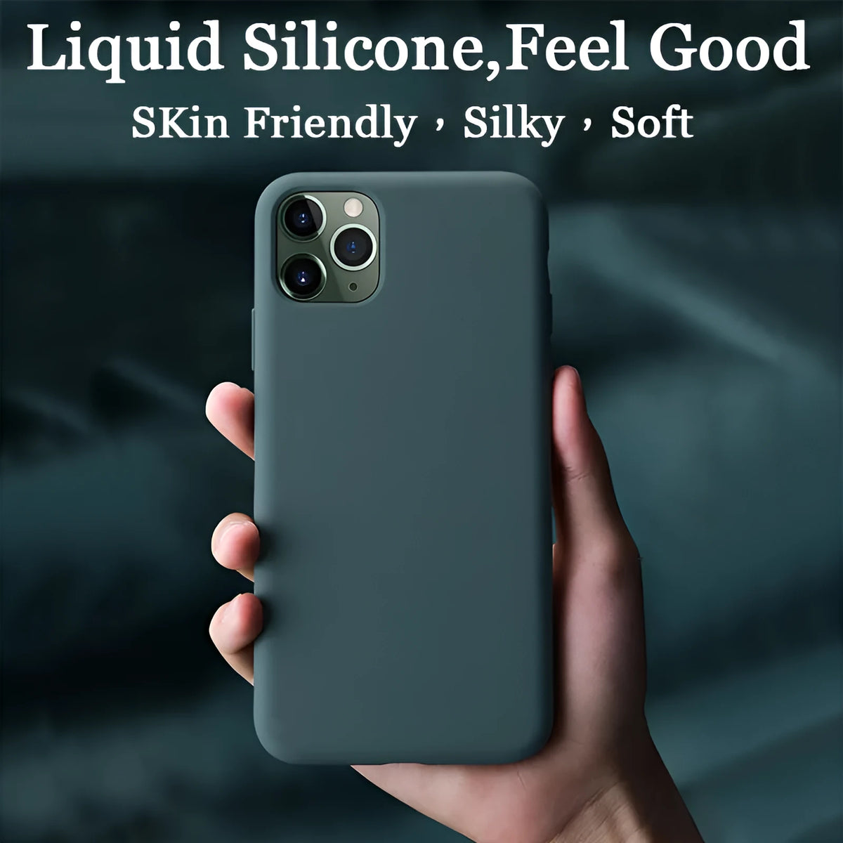 Liquid silicone phone case for iPhone in black, mint green, lavender grey, pink, and other colours