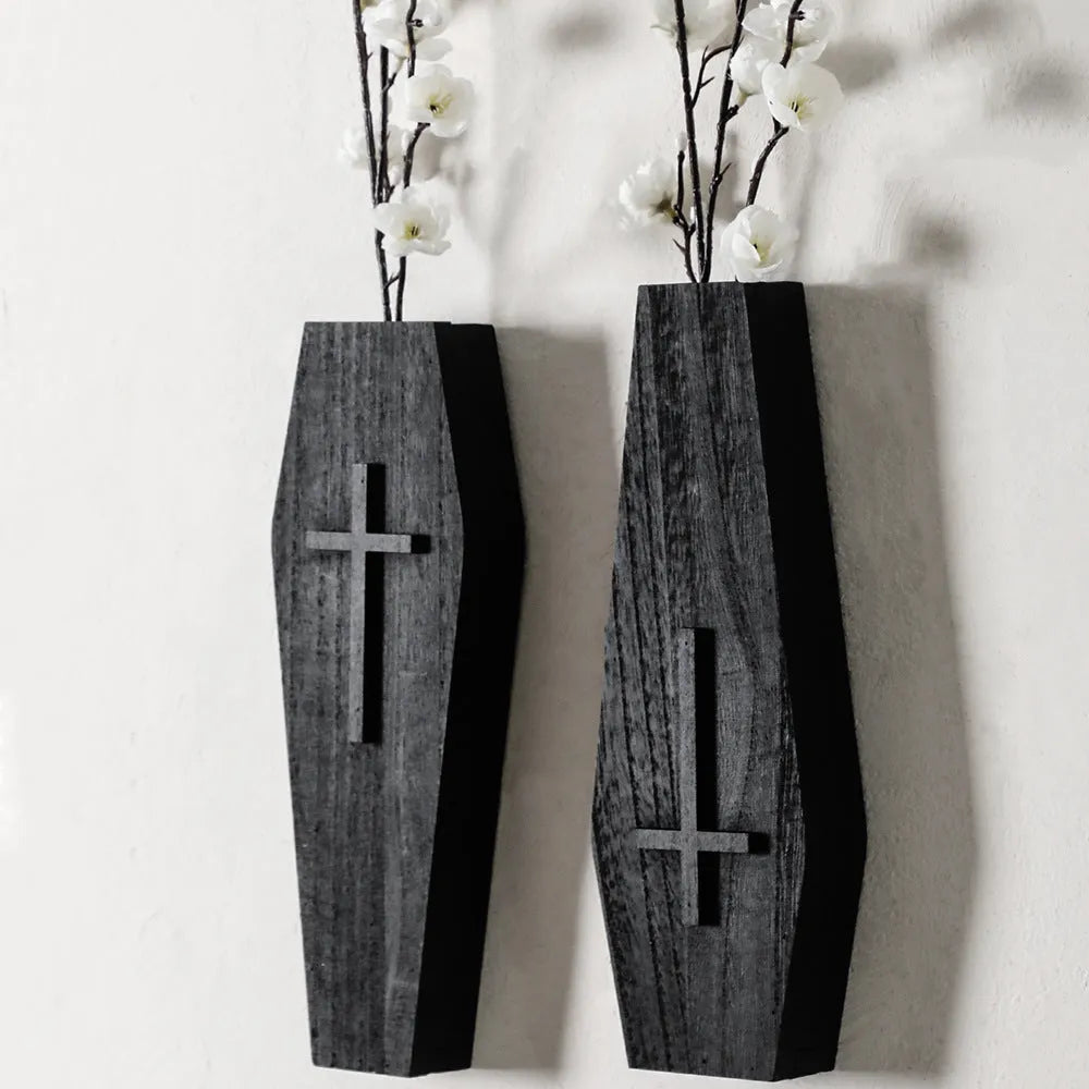 Wooden wall shelf with cross vase decoration in one of three colour options