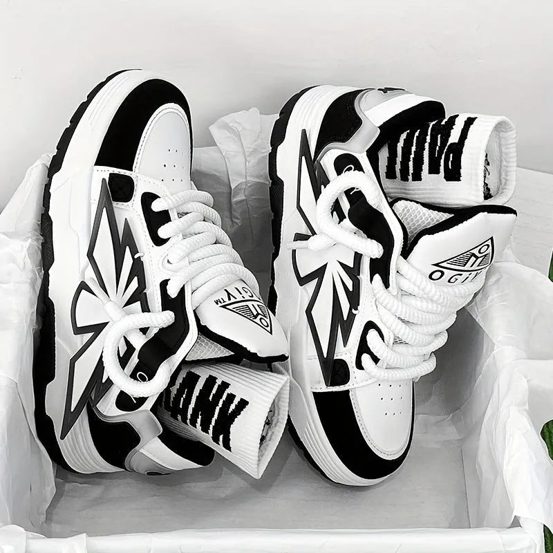 Men's white chunky sneakers with cartoon pattern, thick rubber sole, and lace-up front.