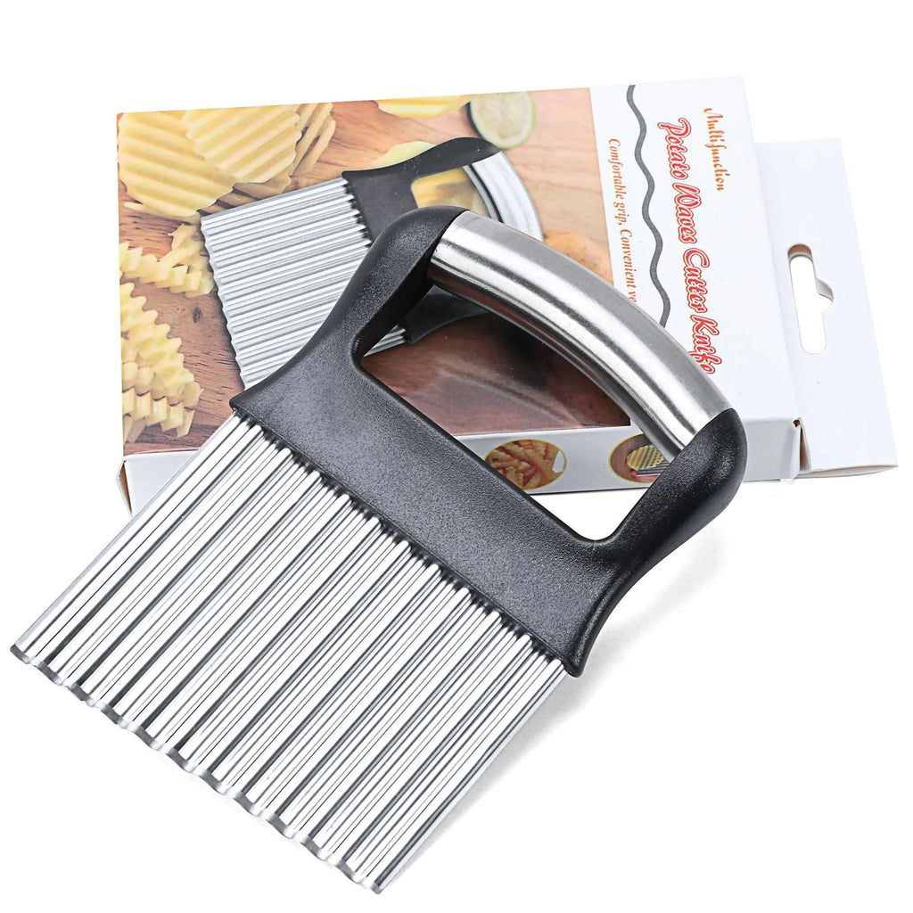 Stainless steel potato wave knife kitchen tool measuring 14cm by 9cm