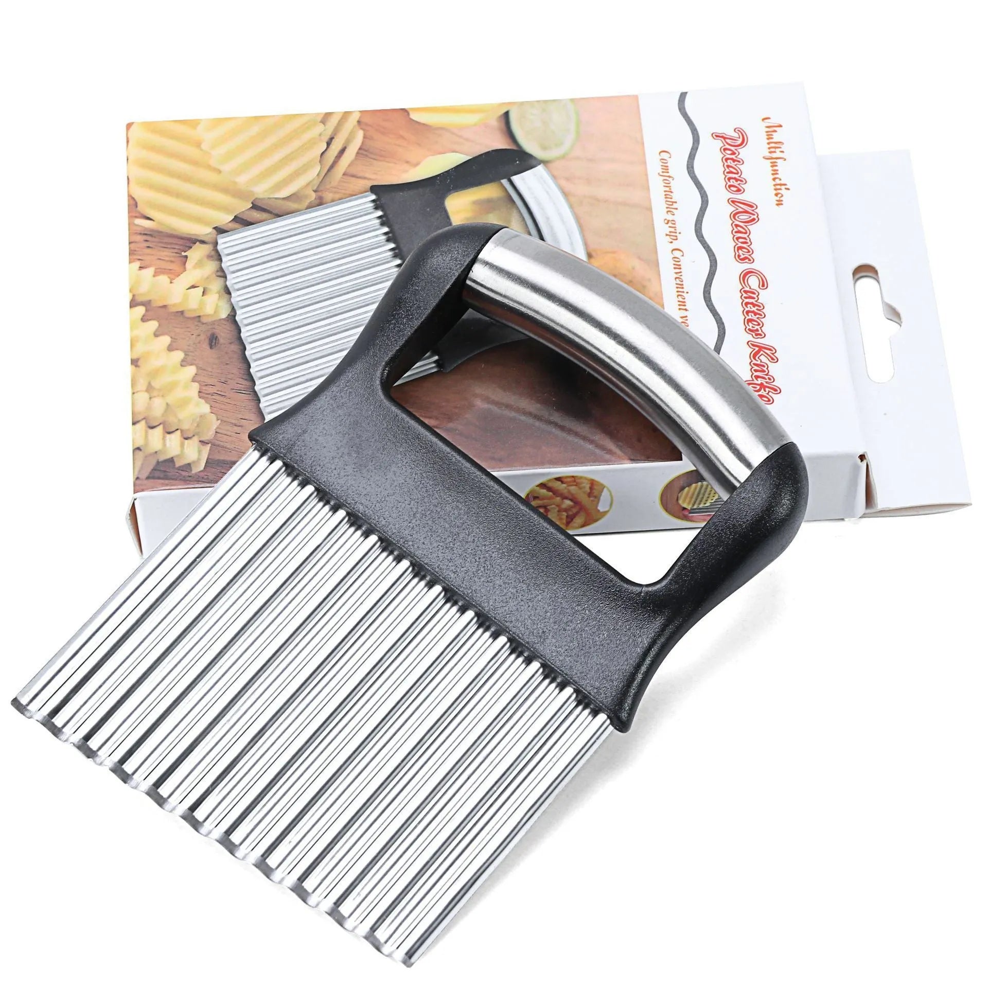 Stainless steel potato wave knife kitchen tool measuring 14cm by 9cm