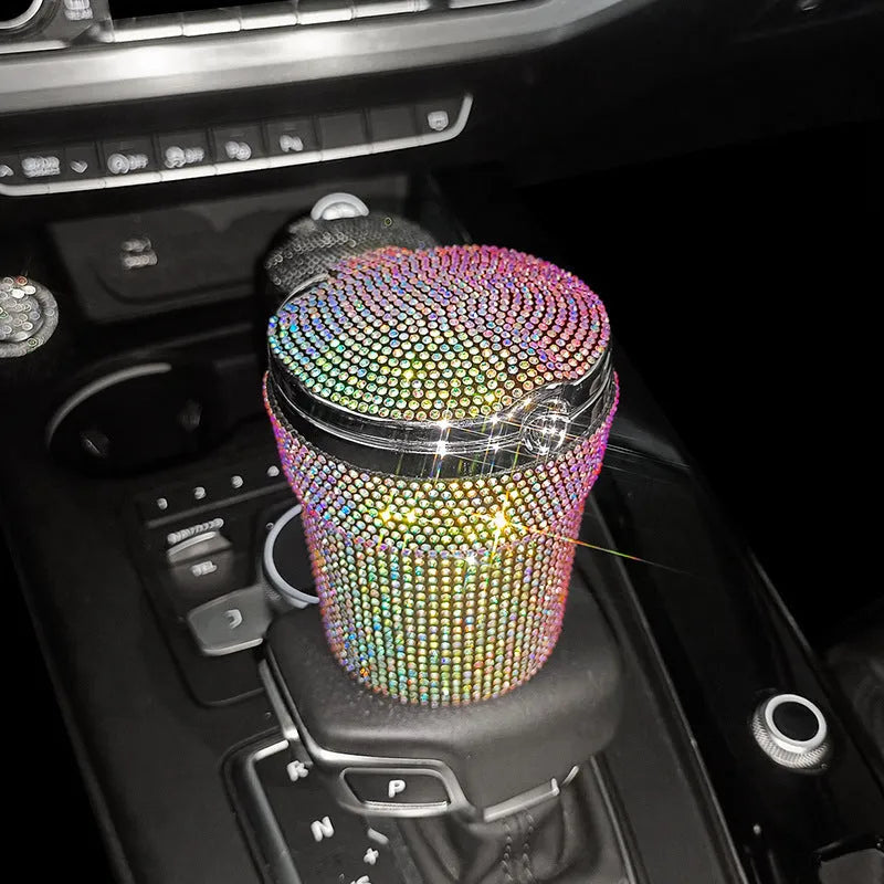 Covered car ashtray with diamond inlay, plastic and rhinestone, 7.5 x 7.5 x 9.5cm, in Black Diamond style