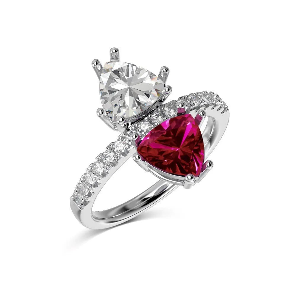 Sterling silver ring for women with two-colour zircon inlay and geometric triangle design