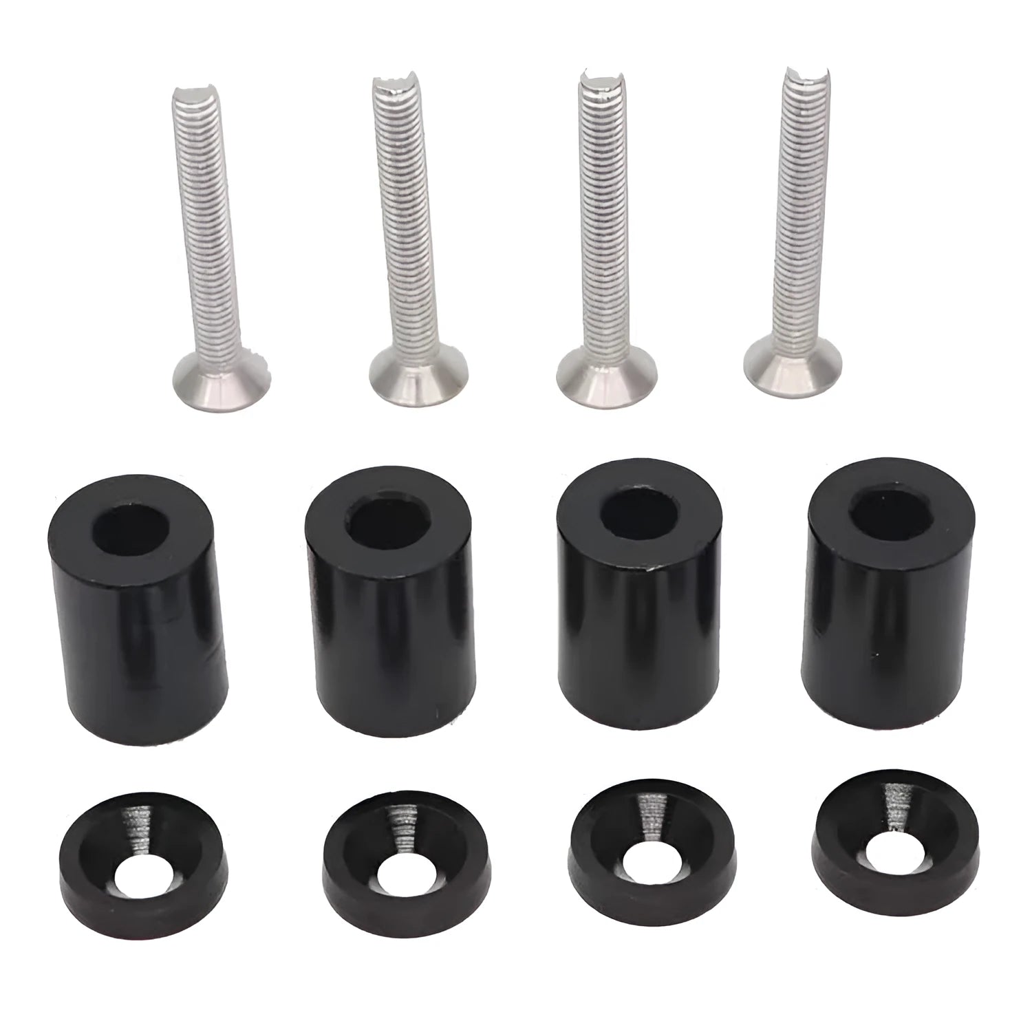 Aluminium alloy car machine cover spacer kit with screws, nuts, washers in black, blue, and red colours