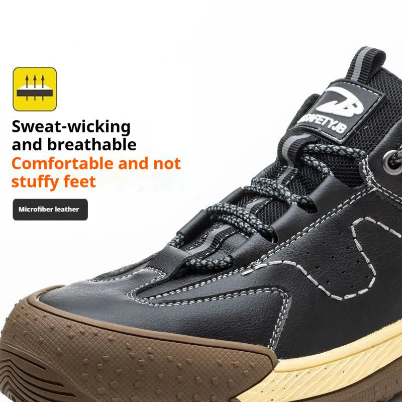Flyknit safety work shoes with leather upper and rubber sole available in black, brown, and grey