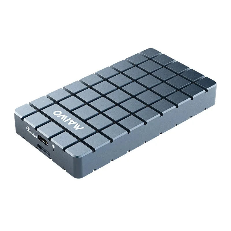 Silver aluminium alloy USB4 external hard drive enclosure for SSDs, shown with dimensions.