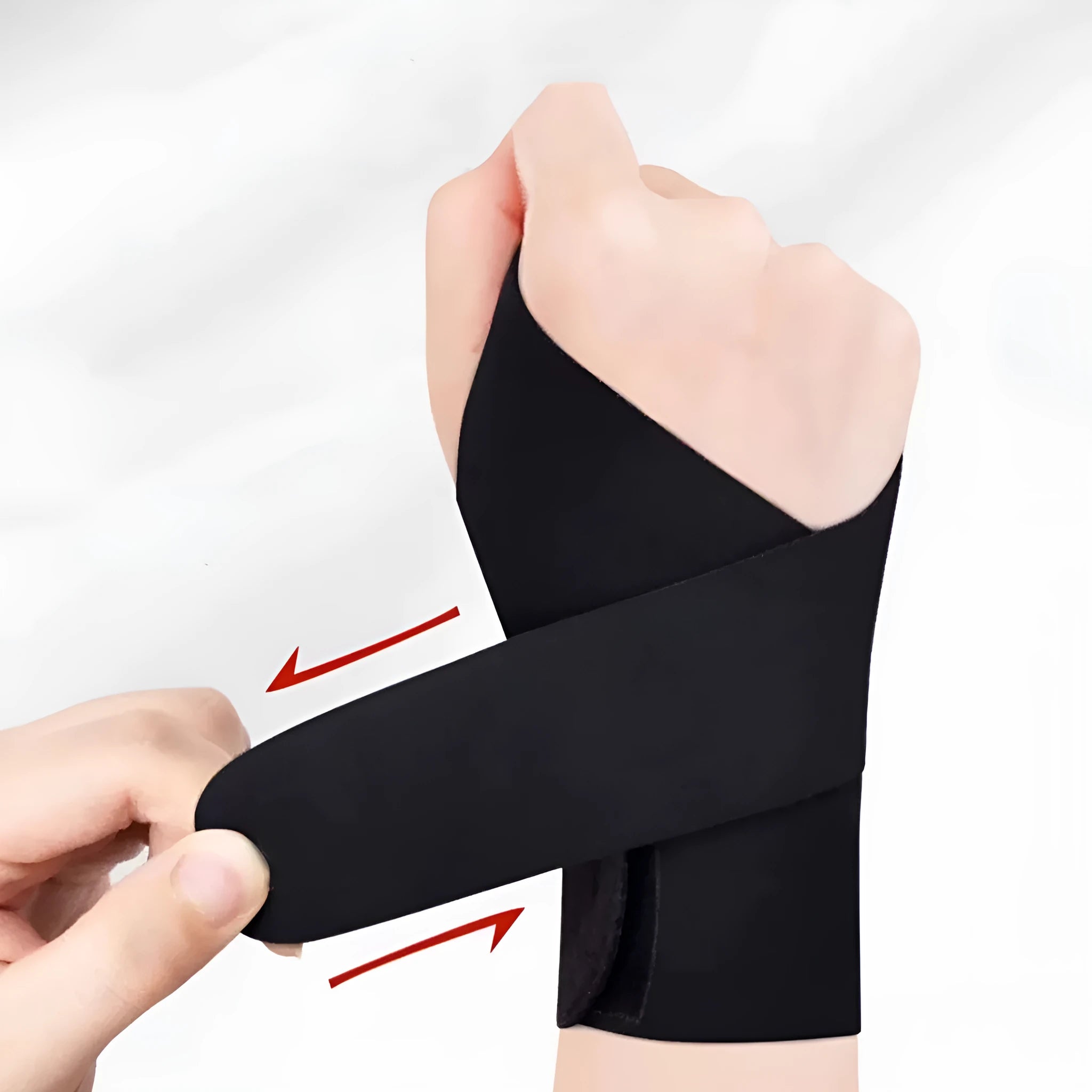 Adjustable black athletic wristguard worn on a wrist, suitable for badminton, tennis, and volleyball.