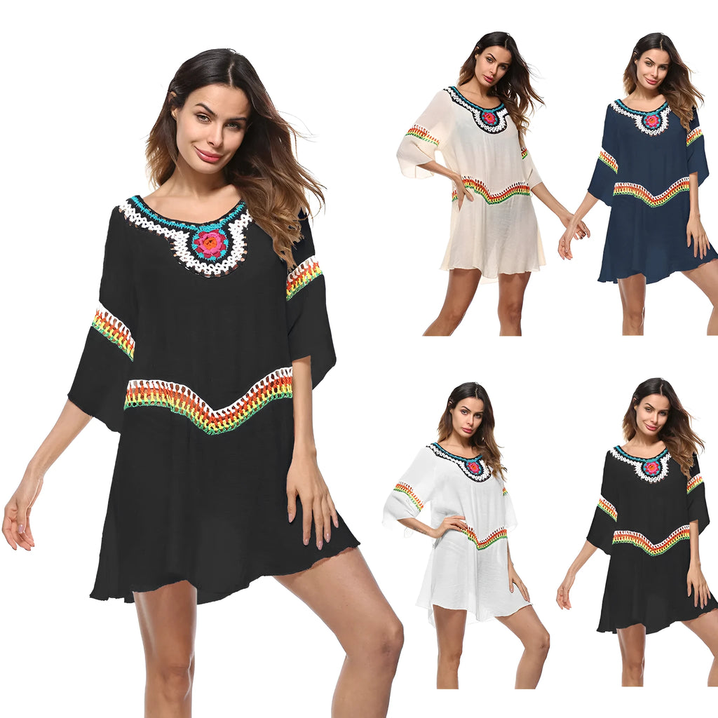 Crocheted ethnic style beach sun protection cover-up for women in acrylic fabric