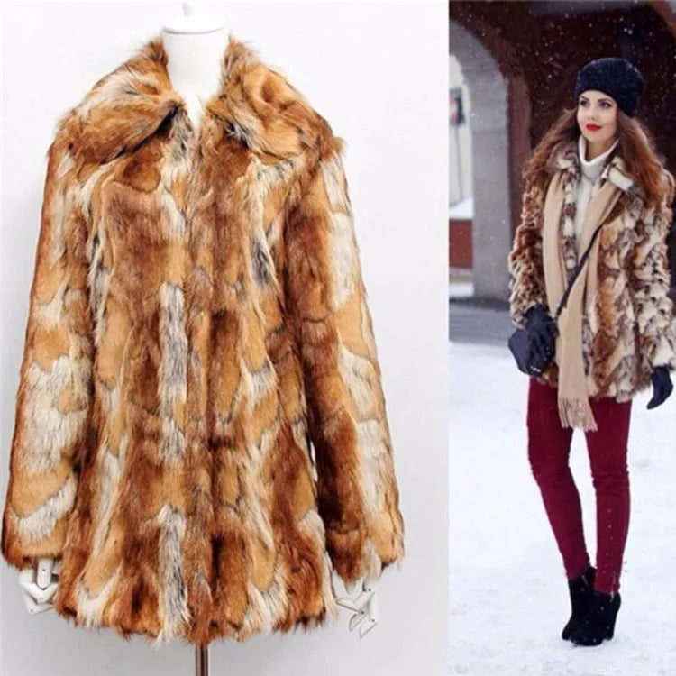 Women's slim faux fur leather jacket in a black and orange tiger pattern, showing long sleeves and medium length.
