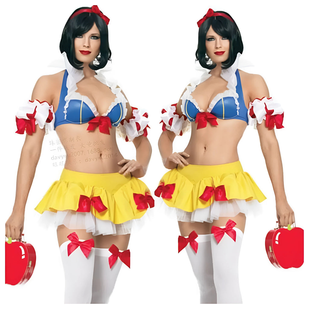 Snow White anime costume dress set with headdress, top, short skirt, and sleeves for cosplay