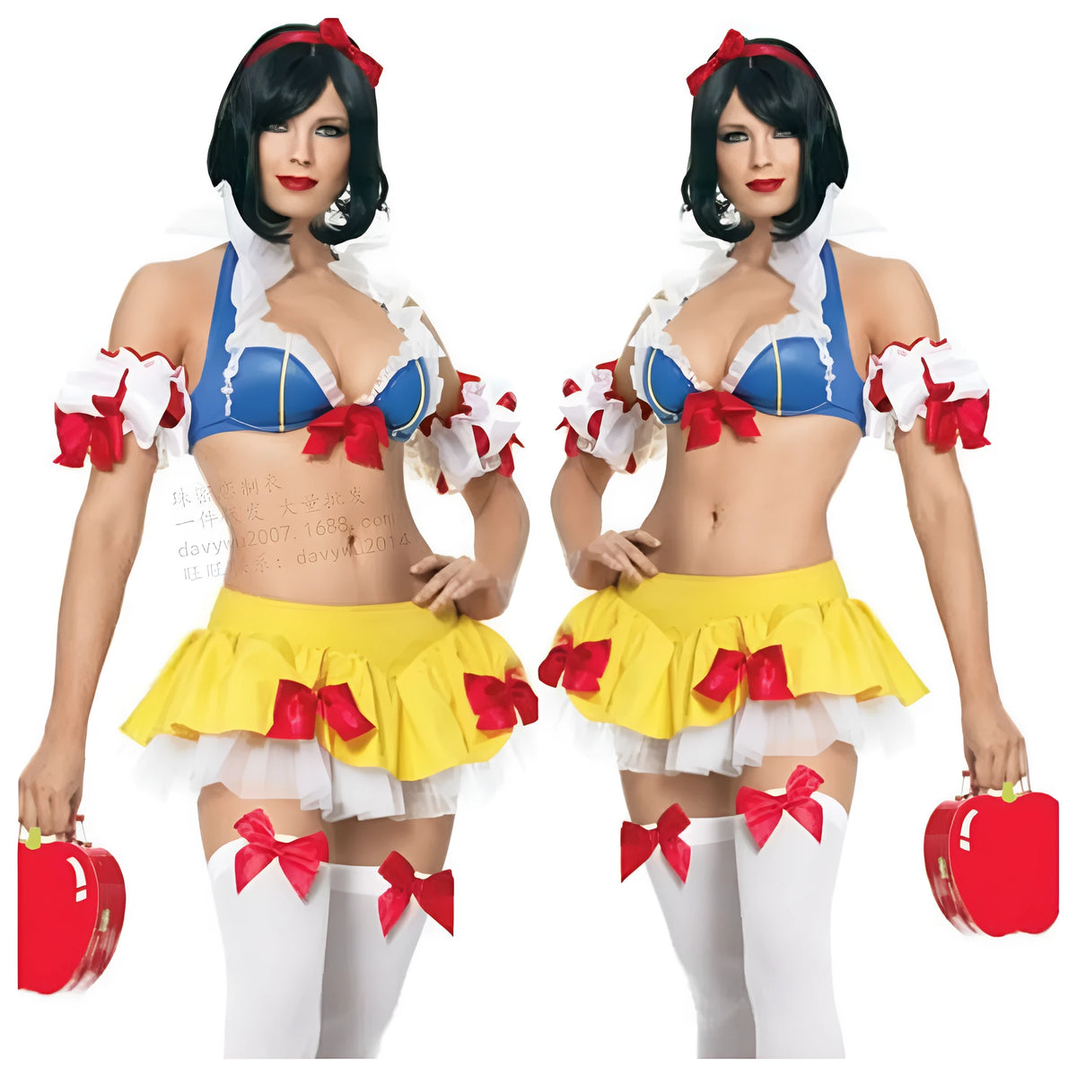 Snow White anime costume dress set with headdress, top, short skirt, and sleeves for cosplay