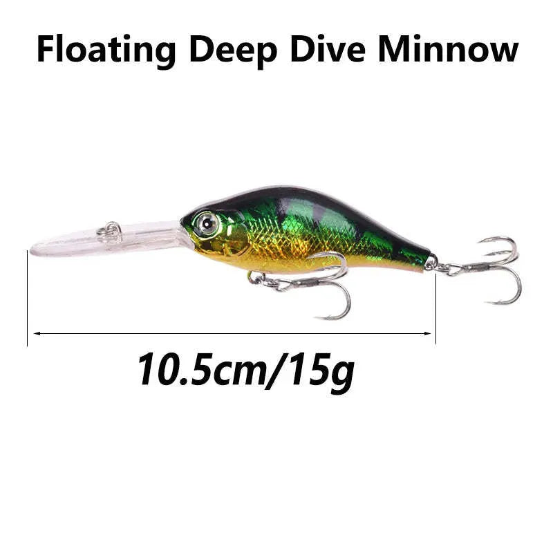 10.5cm deep diving minnow fishing lure with floating rock action in multiple colour options