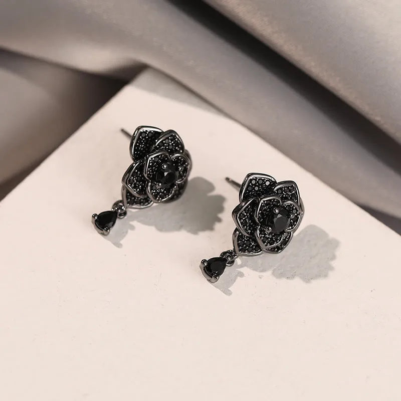 Black rose zircon stud earrings with flower shape and gold electroplated finish