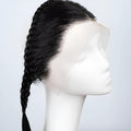 Black 10 inch pre braided lace frontal wig with long straight bangs, glueless human hair