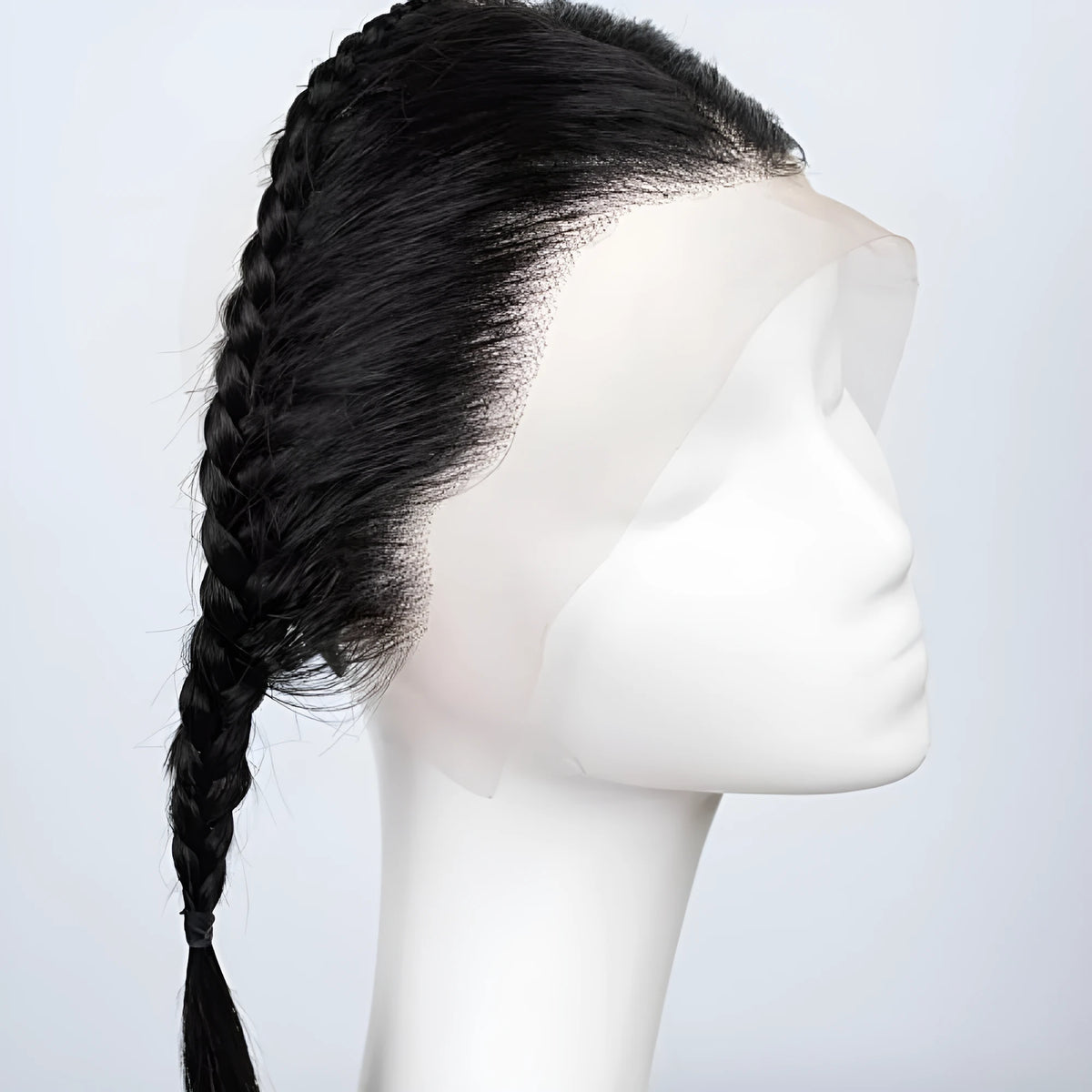 Black 10 inch pre braided lace frontal wig with long straight bangs, glueless human hair