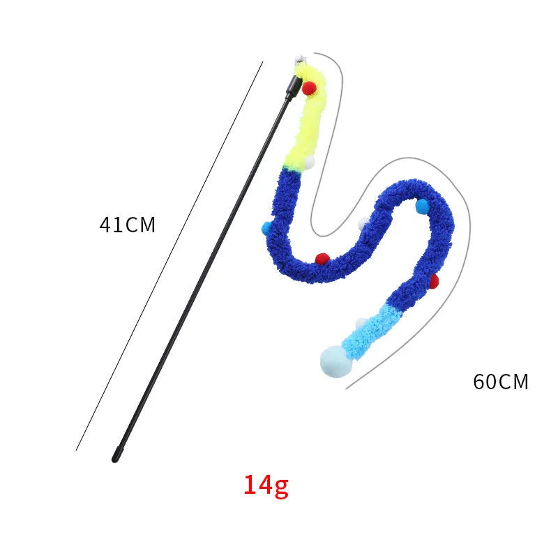 Blue interactive cat wand toy with a long plush strip and fluffy ball with bells.