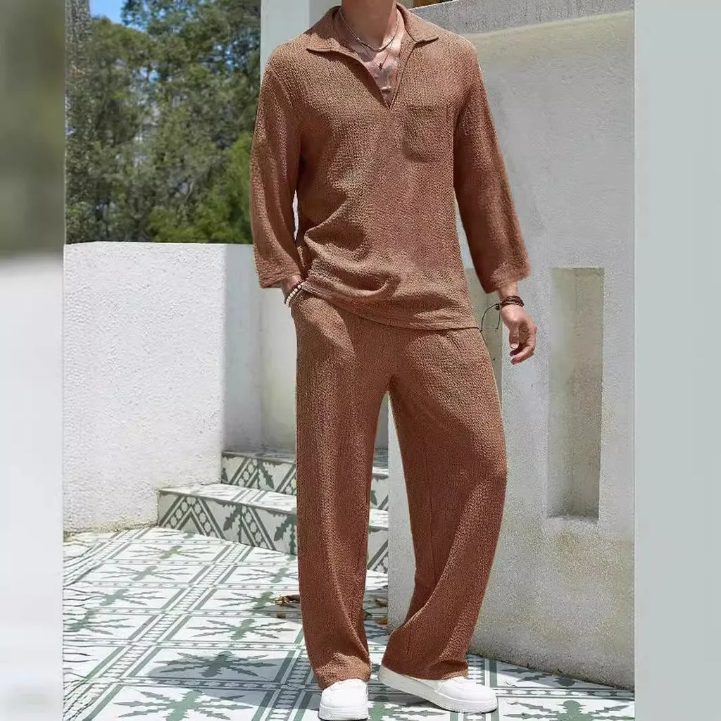 Men's casual shirt and trouser suit set in polyester fabric, shown in lake blue colour.