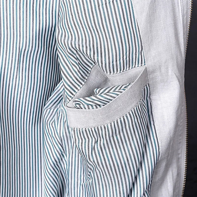 Men's thin blue cotton linen jacket for plus size leisure wear, showing regular fit.