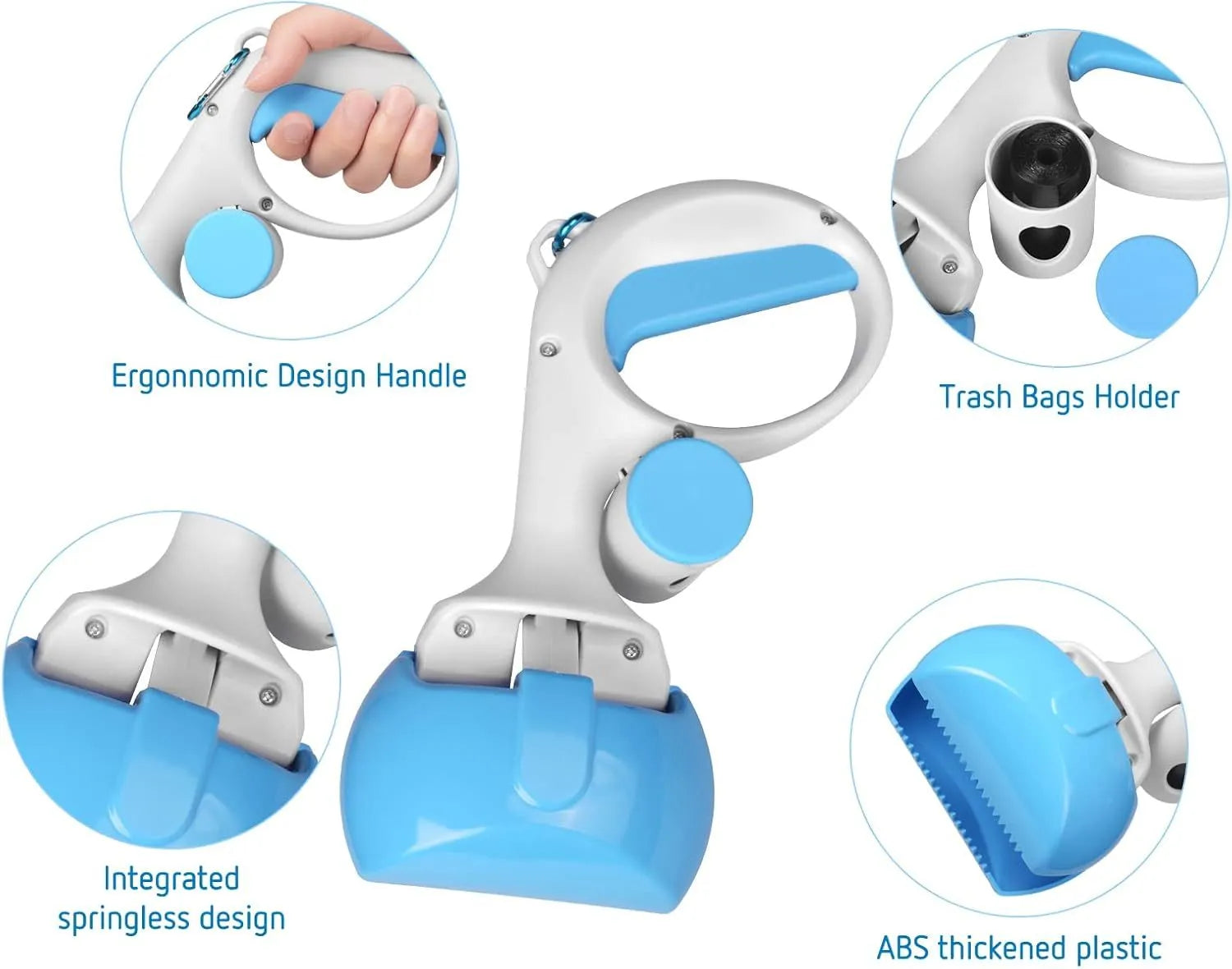 ABS plastic pet pooper scooper with built-in trash bag holder in four colour options