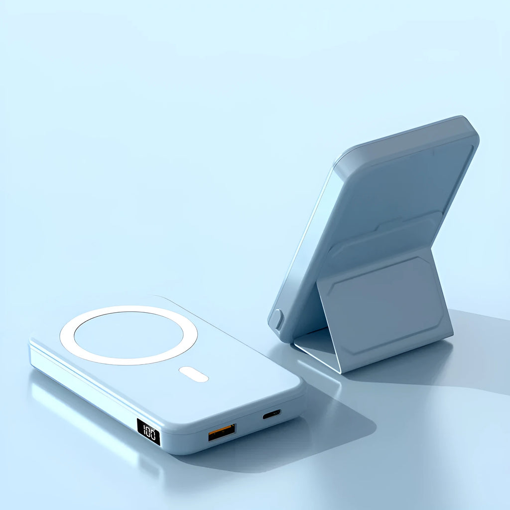 Magnetic wireless charging power bank with folding bracket showing multiple colour options
