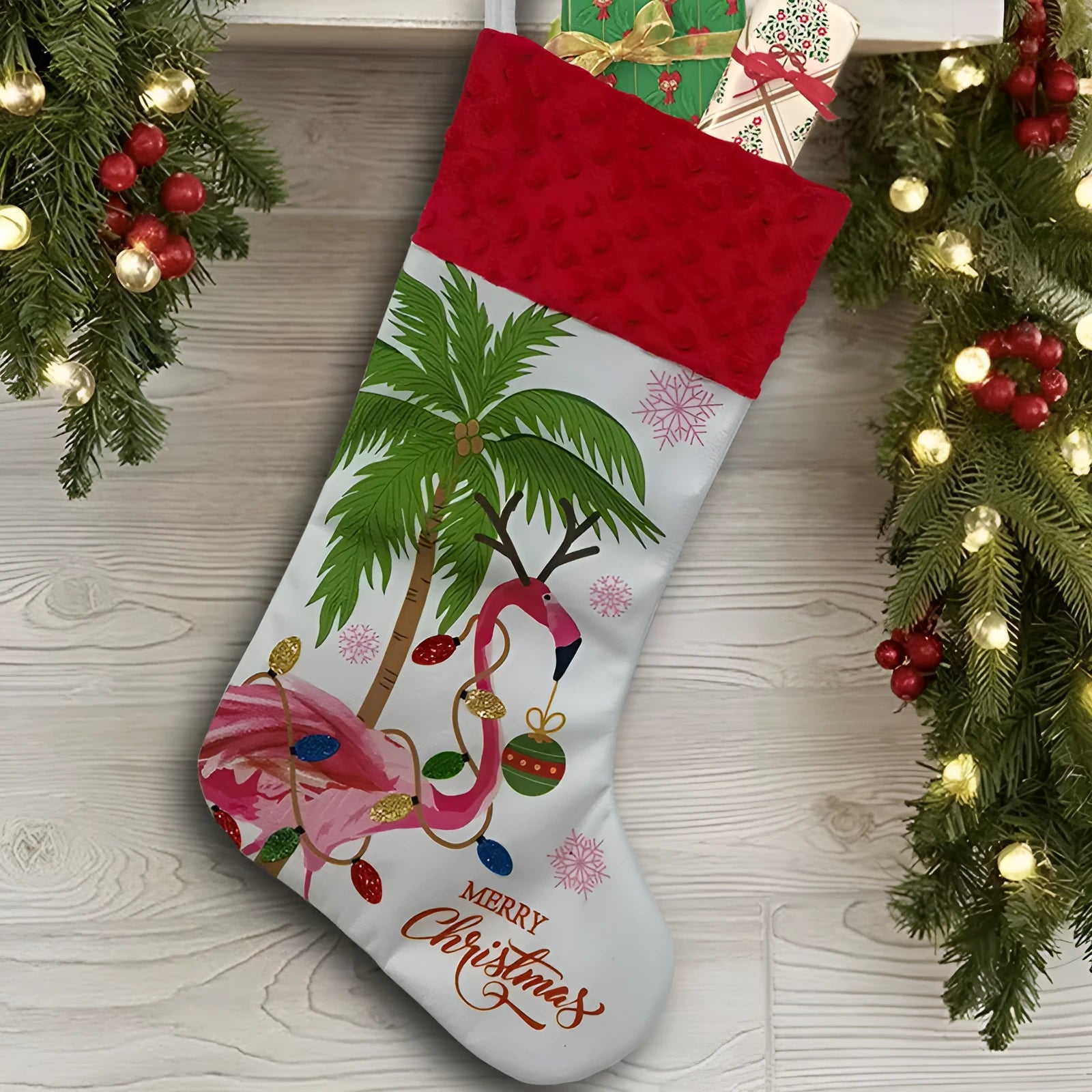 Red cloth Christmas stocking with white cuff hanging on a mantelpiece.