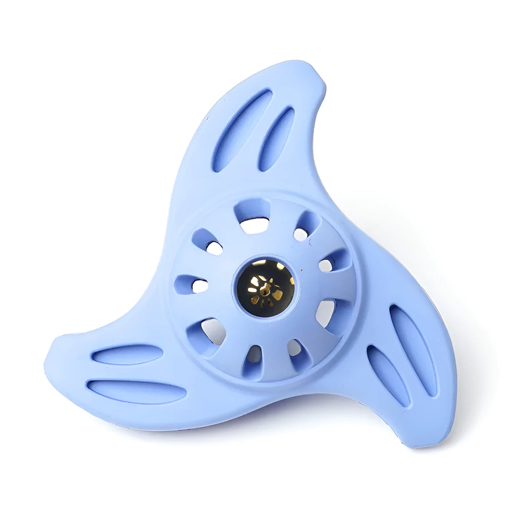 Blue bite-resistant boomerang dog toy for medium and large breeds on a plain background
