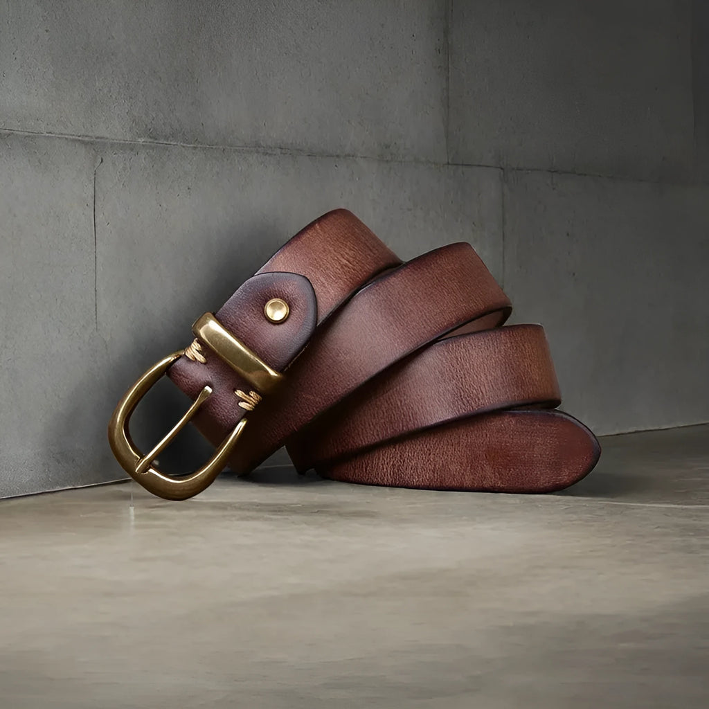 Men's casual leather belt in cattlehide with copper buckle shown in black, brown, and khaki colours