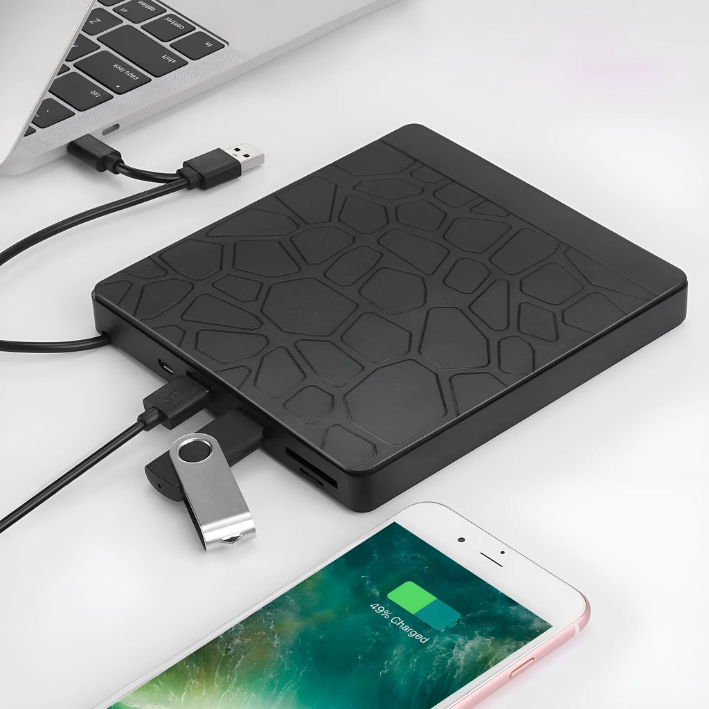 Black 5-in-1 external optical drive with dual interface, 15.4x14.3x1.8cm, for laptop and desktop CD DVD reading and recording