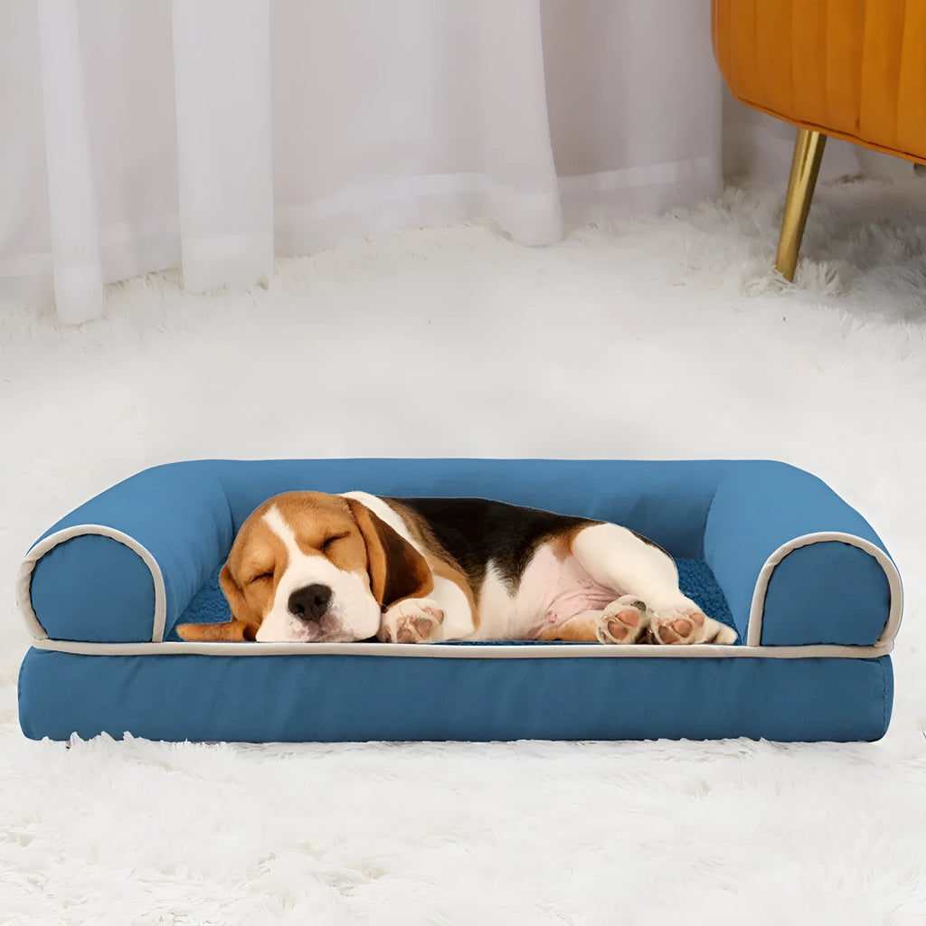Blue sponge square dog bed for large breeds on a wooden floor
