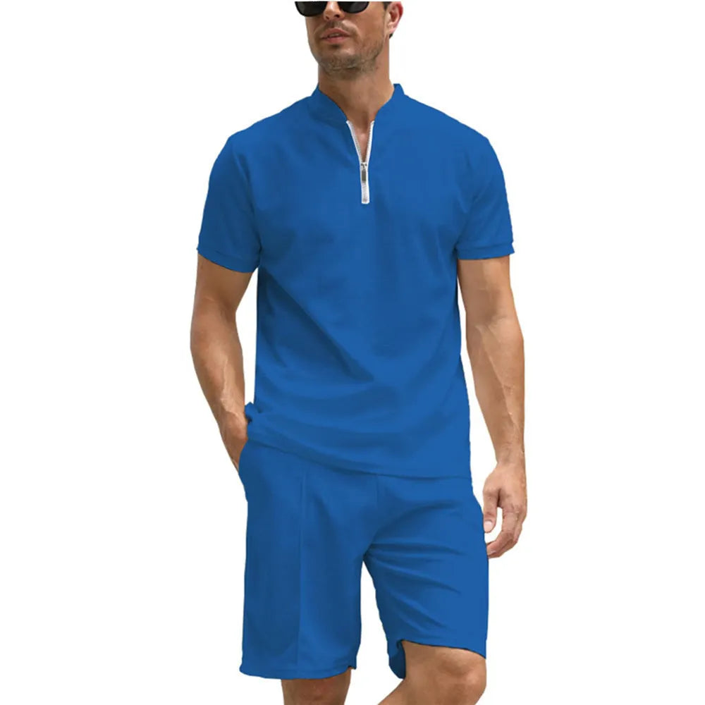 Men's solid colour polo shirt and shorts set in beaded bird's eye polyester fabric