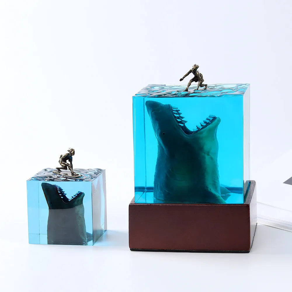 Ocean shark surfer micro landscape night light made of clear epoxy resin on a plastic stand