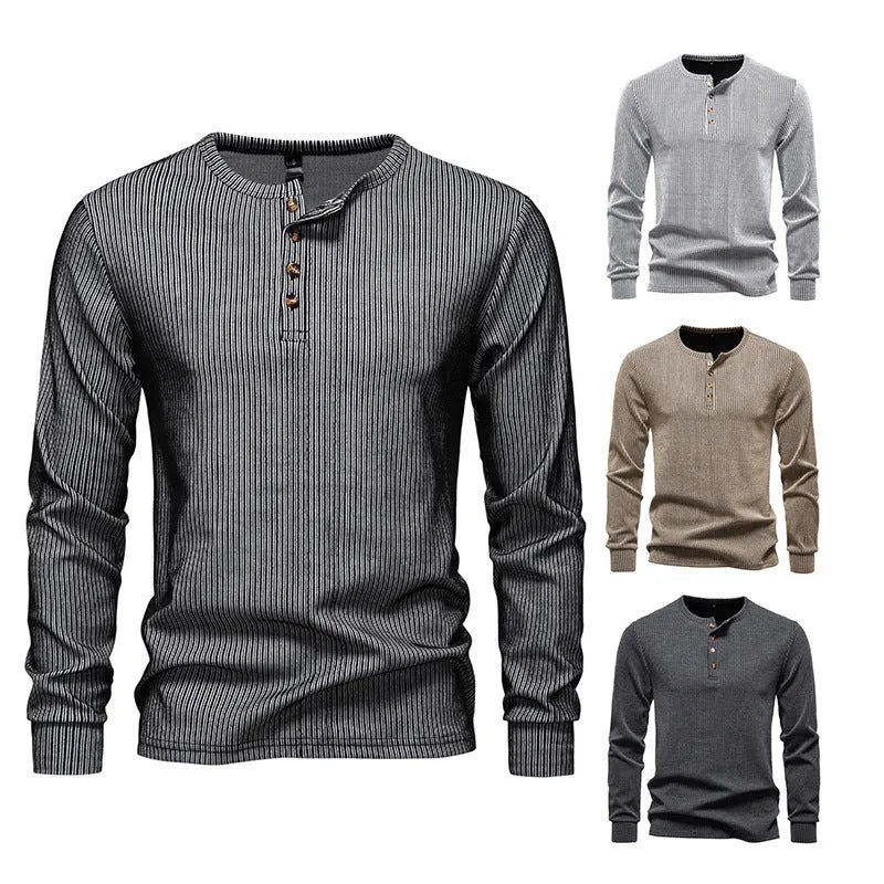 Men's striped long sleeve slim fit T-shirt in white, dark gray, black or khaki, sizes S to 2XL