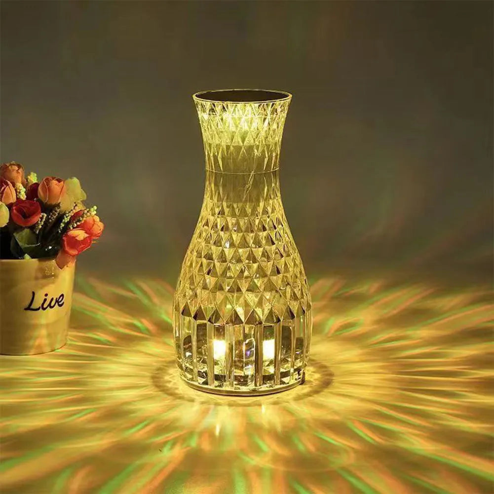 Crystal vase table lamp with remote control measuring 19cm tall on wooden bedside table