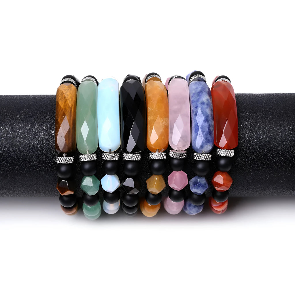 Diamond-shaped cut agate bracelet with geometric fan design showing faceted surfaces and colour options