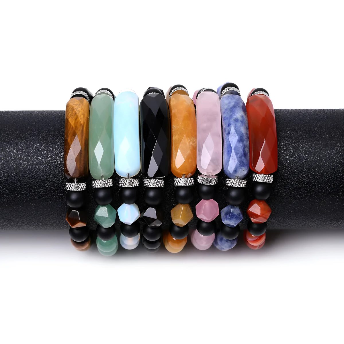 Diamond-shaped cut agate bracelet with geometric fan design showing faceted surfaces and colour options