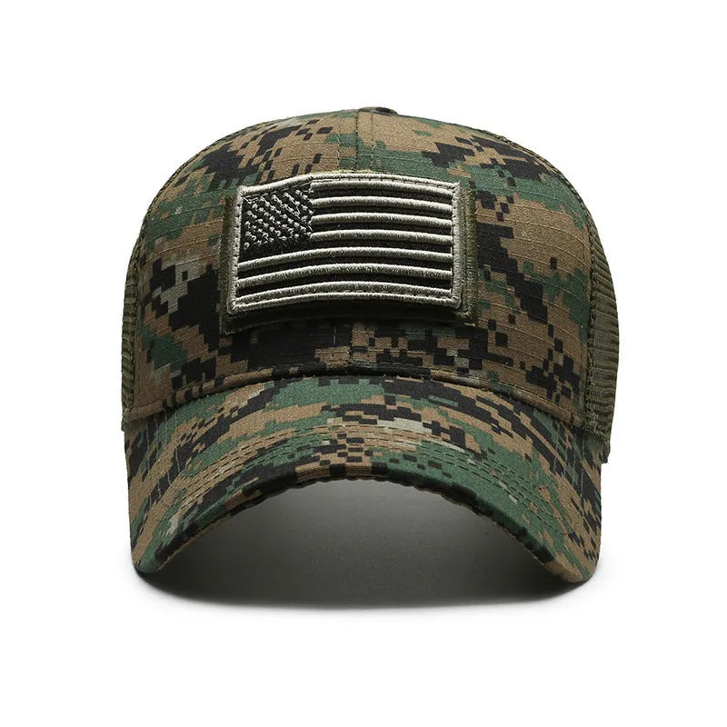 Tactical baseball cap with adjustable velcro strap in a camouflage or digital grid pattern.