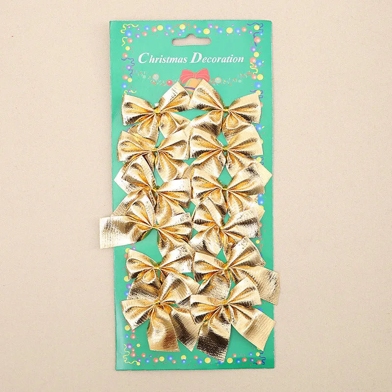 Red, gold, silver, and red gold 5 cm polyester Christmas tree bow ornaments.