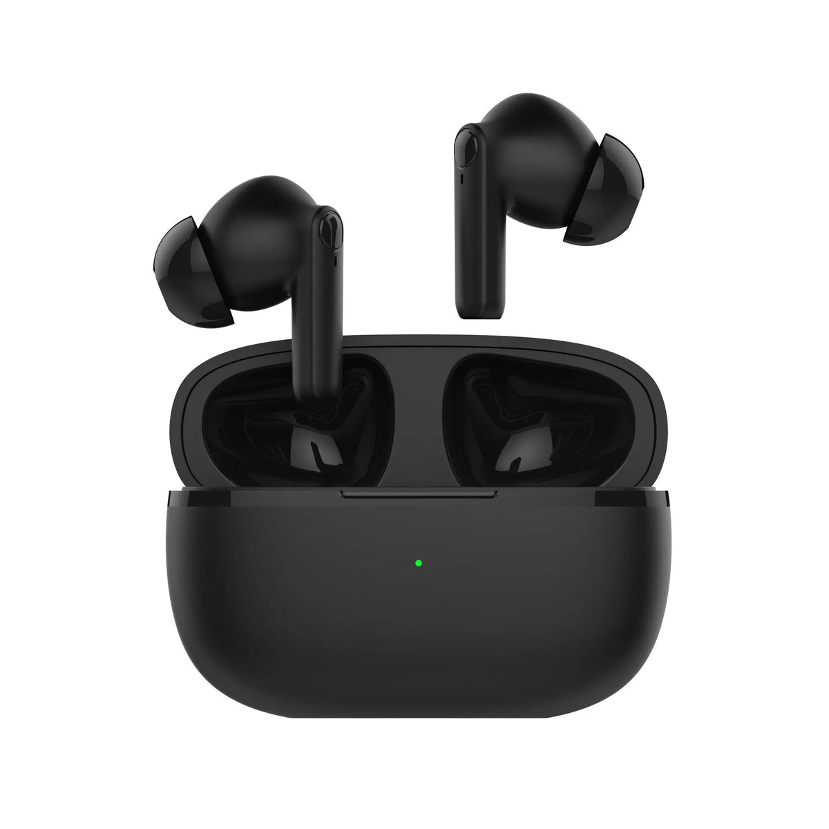 Black and white wireless in-ear stereo headset with Bluetooth 5.0, 15m range, call function, and voice control