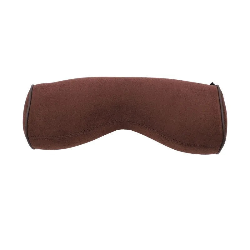 Minimalist brown car headrest with integrated neck pillow and lumbar support cushion.