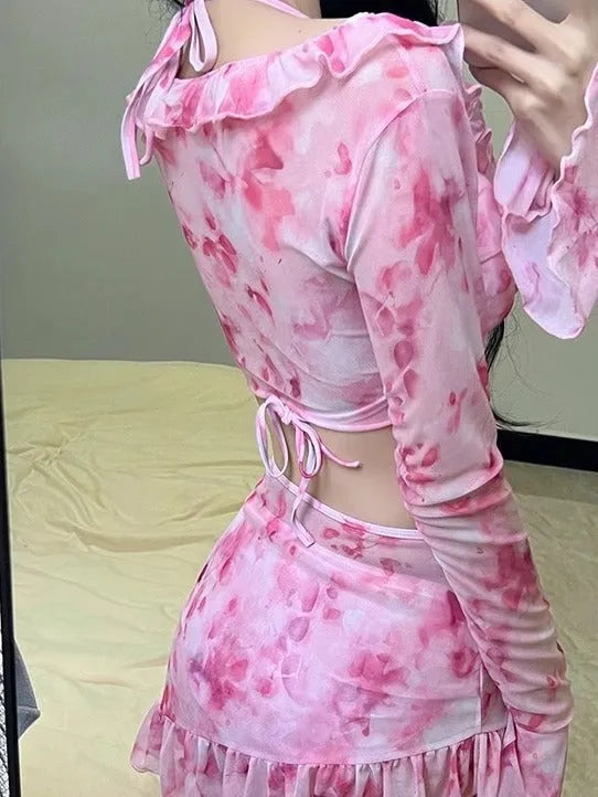 Women's floral pattern bikini swimsuit in cherry blossom powder colour