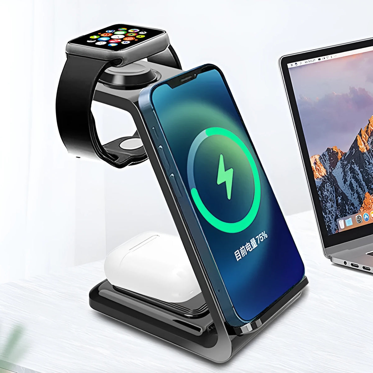 White upright wireless charging stand holding a mobile phone, with a Type-C cable connected.