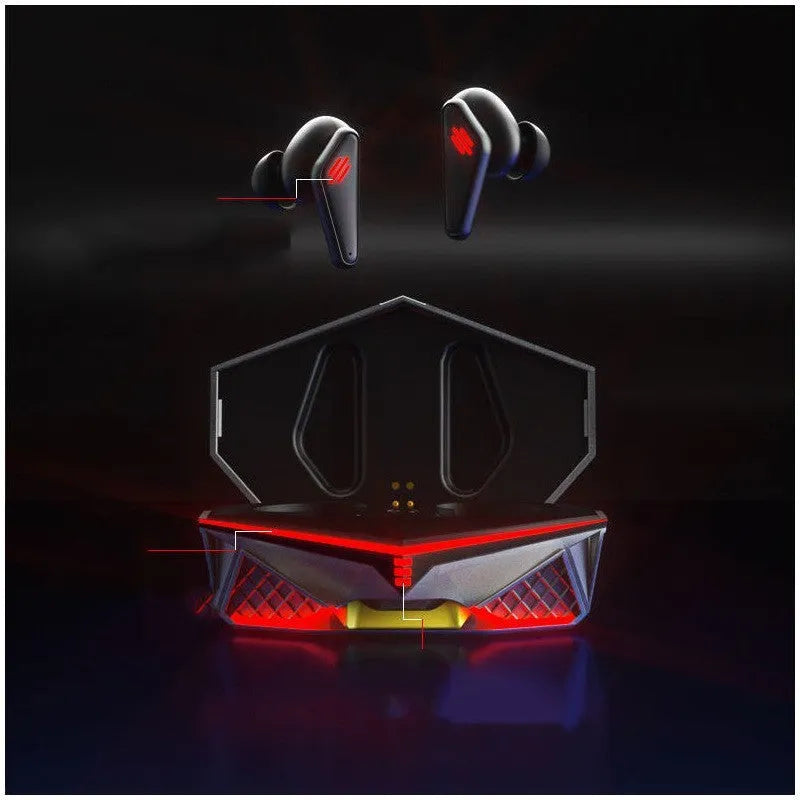 K98 Black true wireless Bluetooth stereo earpluds with charging bay on a dark surface
