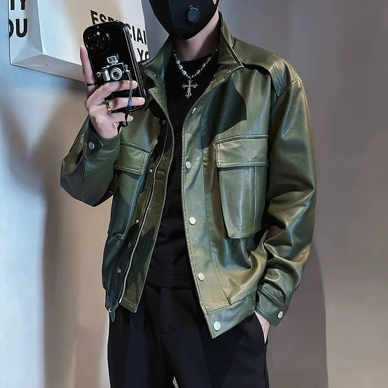 Korean style black PU leather pilot jacket for men with straight hem design