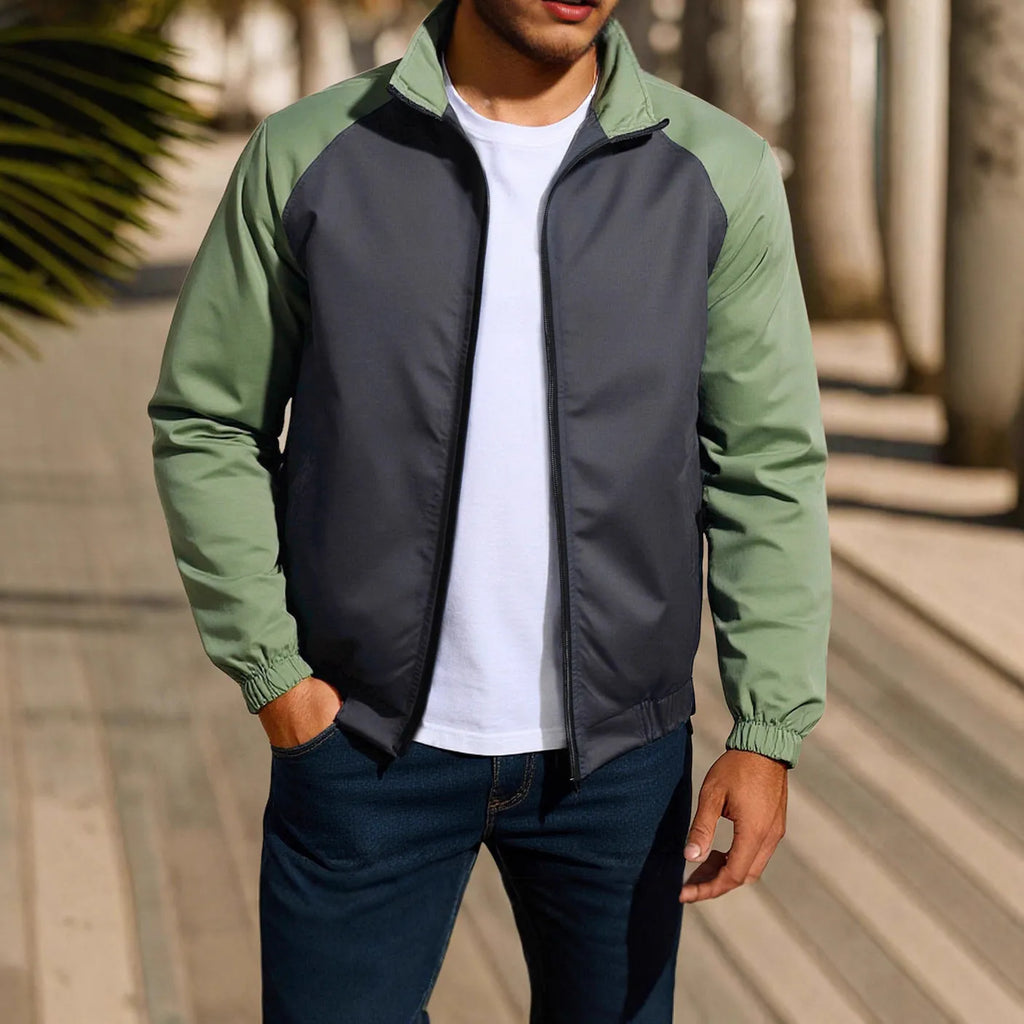 Men's casual jacket with stand collar and contrast colour panels in red, khaki and green, loose fit