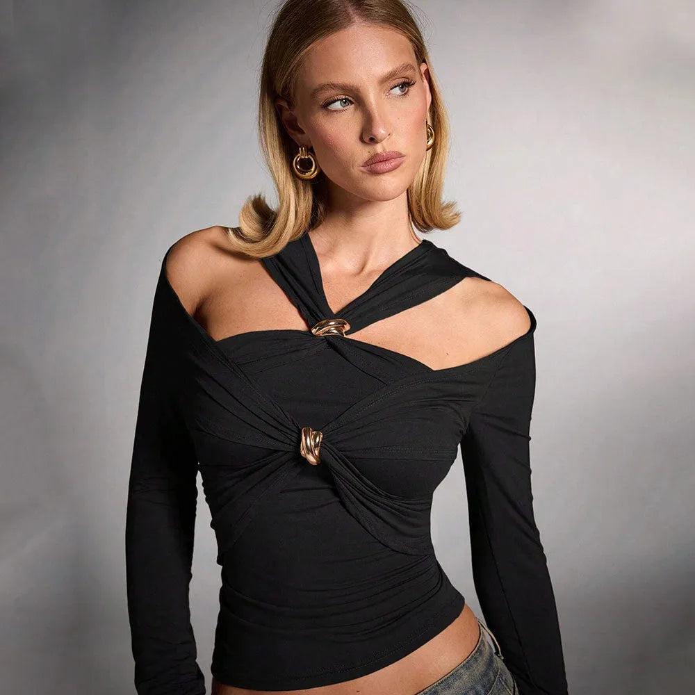 Black women's halter top with slim fit and shoulder-baring neckline.