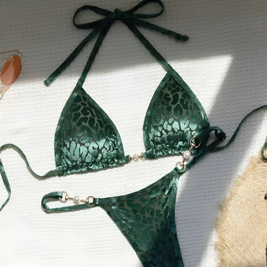 Blue leopard print swimwear bikini set with polyester and spandex fabric