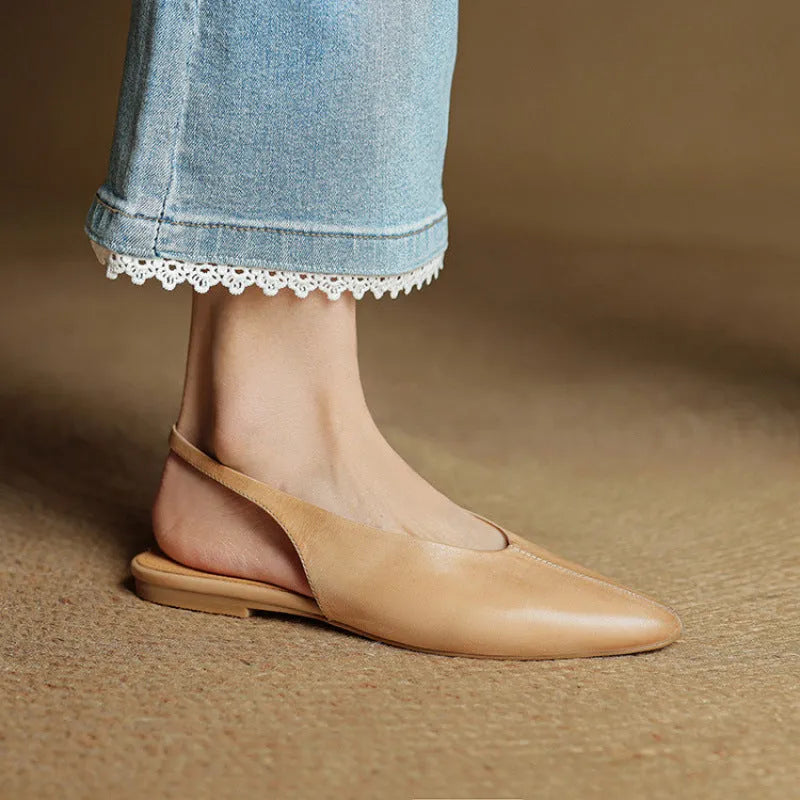 Women's flat summer sandals with pointed toe, hollow out detail, pigskin lining, beef tendon sole