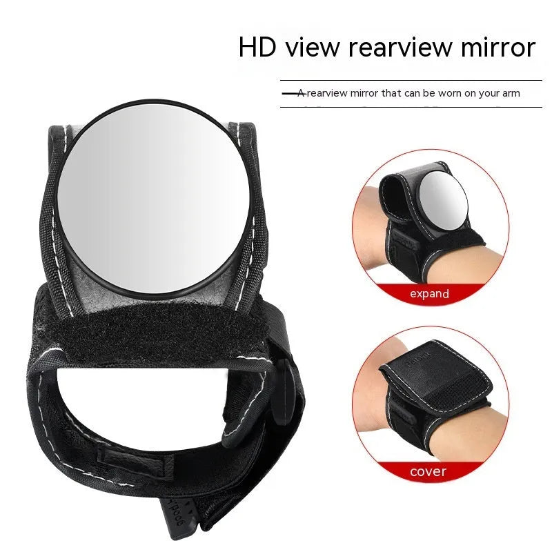 Black nylon bicycle rear-view mirror showing wrist and handlebar mounting options