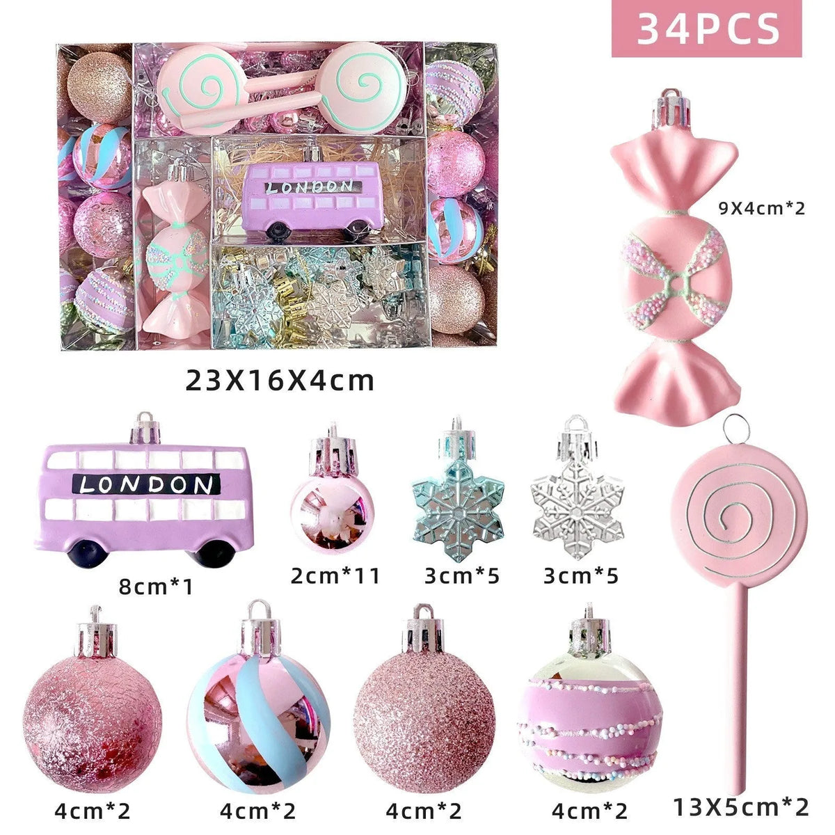 Christmas tree pendant decorations in macaron candy design, painted plastic, WW-24, 34, 58 or 80 candy pack set